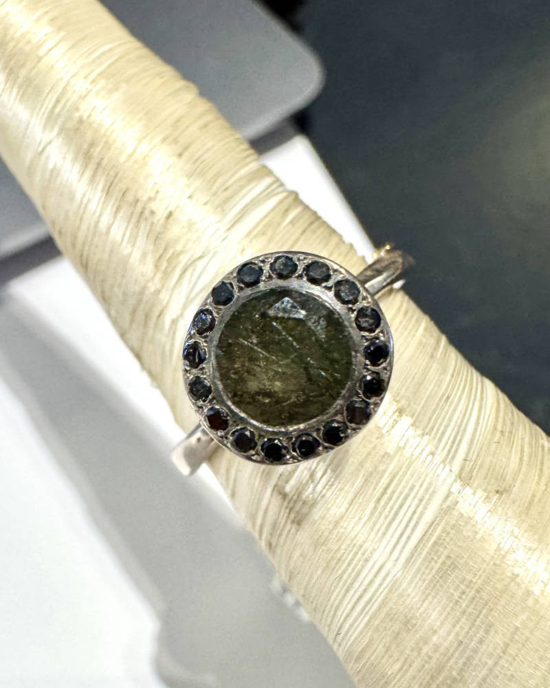 Green rutilated quartz & diamond ring