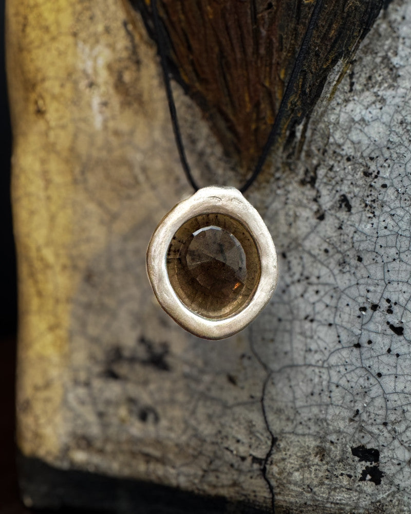 Hammered silver and smoky quartz locket pendant